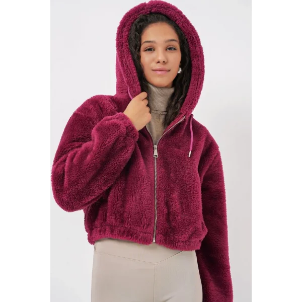 5193 Kapüşonlu Peluş Crop Ceket  Mürdüm