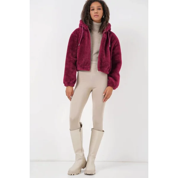 5193 Kapüşonlu Peluş Crop Ceket  Mürdüm