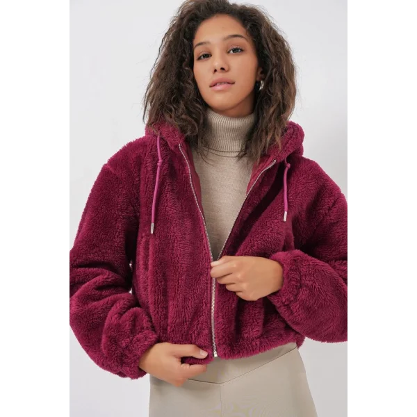 5193 Kapüşonlu Peluş Crop Ceket  Mürdüm