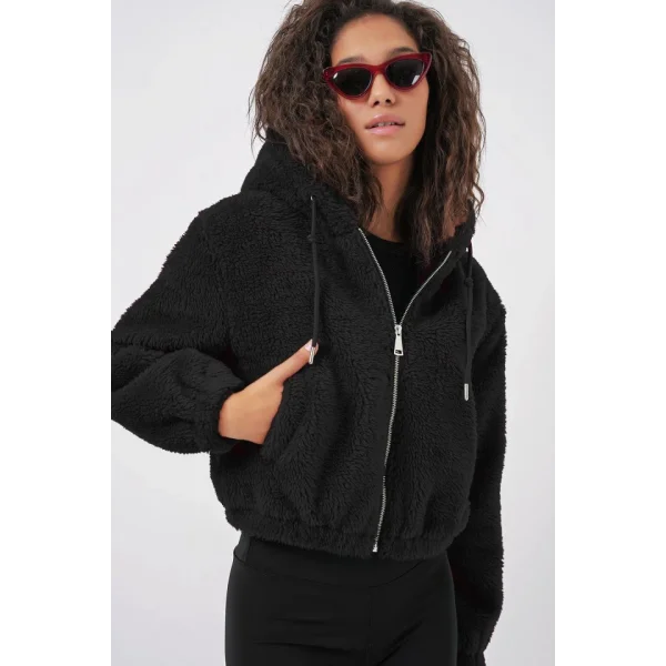 5193 Kapüşonlu Peluş Crop Ceket  Siyah