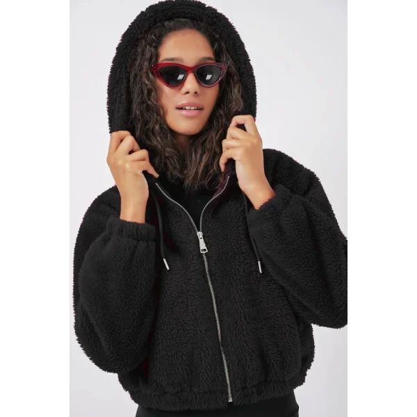 5193 Kapüşonlu Peluş Crop Ceket  Siyah