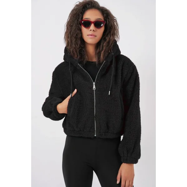5193 Kapüşonlu Peluş Crop Ceket  Siyah