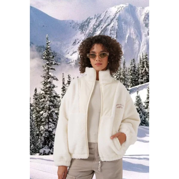 5194 Peluş Mont Ceket  Ekru