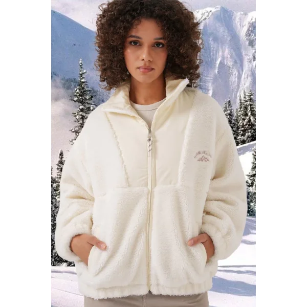 5194 Peluş Mont Ceket  Ekru