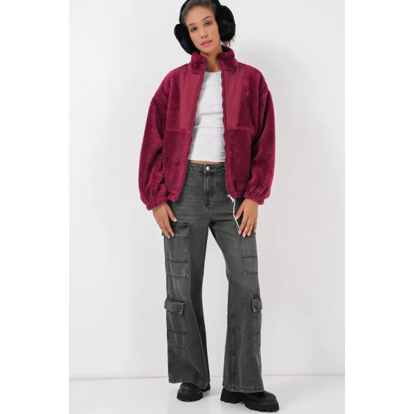 5194 Peluş Mont Ceket  Mürdüm