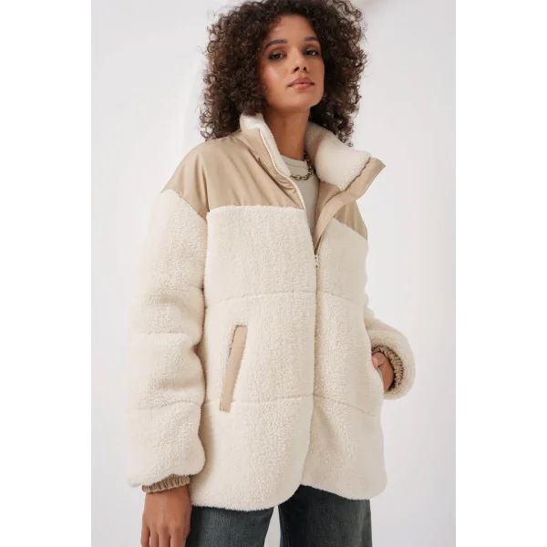 5196 Şişme Peluş Mont  Ekru