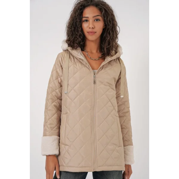5197 Kapüşonlu Kapitone Mont  Bej