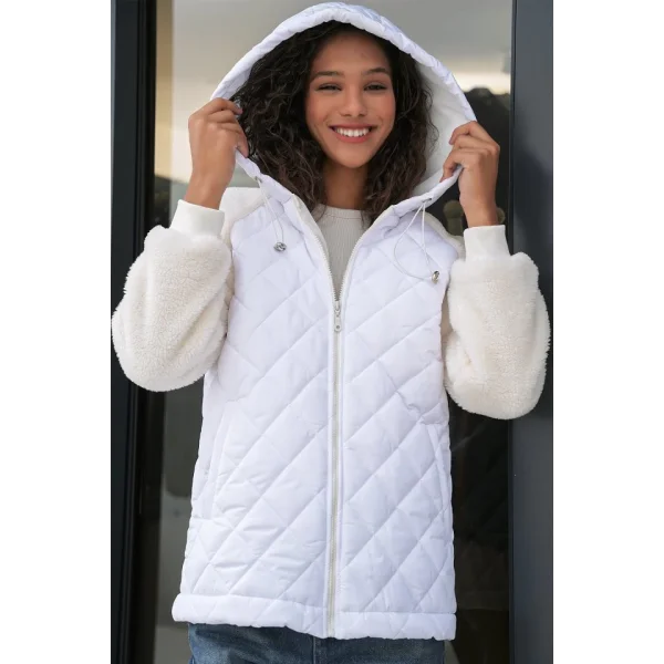 5201 Kolları Peluş Kapitone Mont  Beyaz