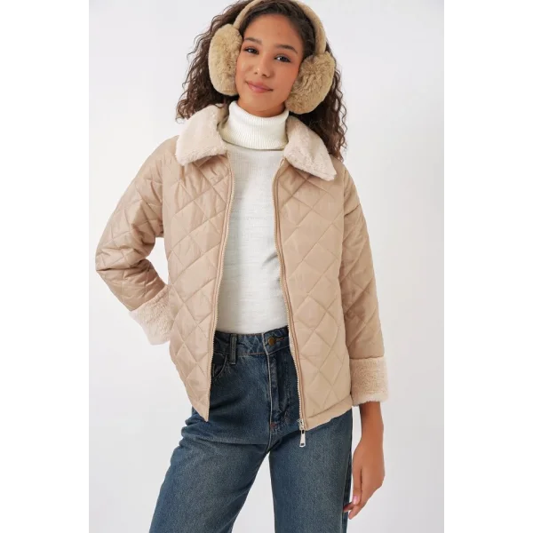 5202 Peluş Detaylı Kapitone Mont  Bej