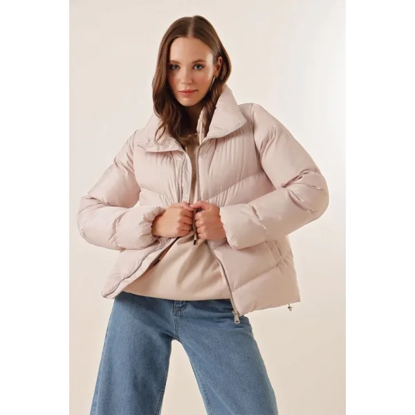 5205 Dik Yaka Fermuarlı Şişme Mont  Bej