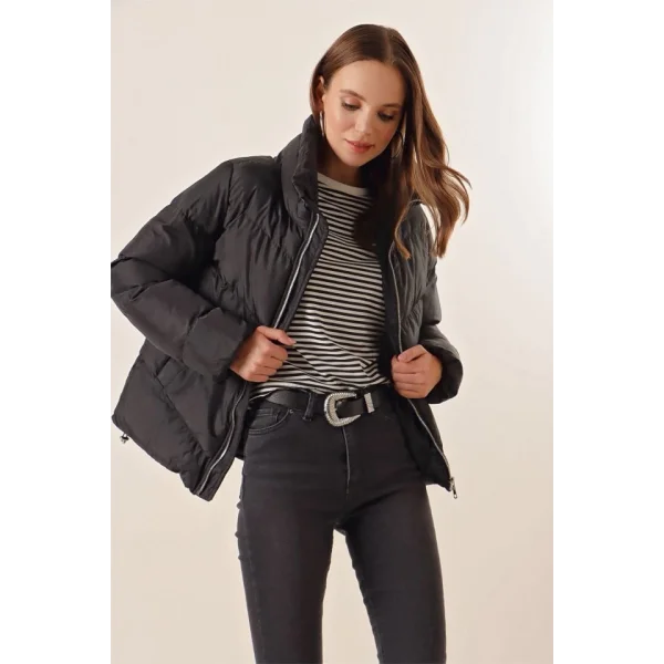 5205 Dik Yaka Fermuarlı Şişme Mont  Siyah