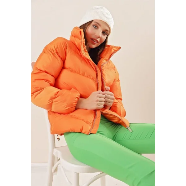 5205 Dik Yaka Fermuarlı Şişme Mont  Turuncu