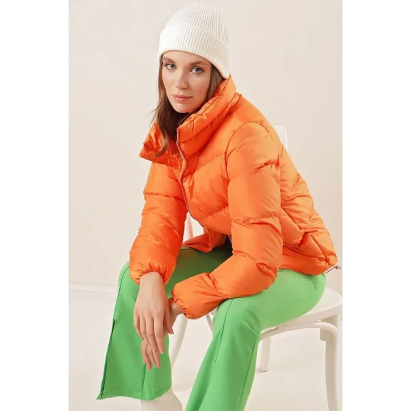 5205 Dik Yaka Fermuarlı Şişme Mont  Turuncu