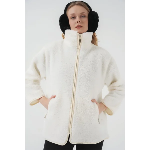 5211 Fermuarlı Peluş Mont  Ekru
