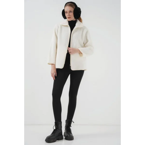 5211 Fermuarlı Peluş Mont  Ekru