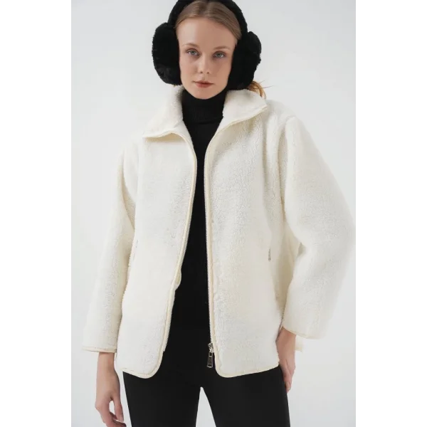 5211 Fermuarlı Peluş Mont  Ekru
