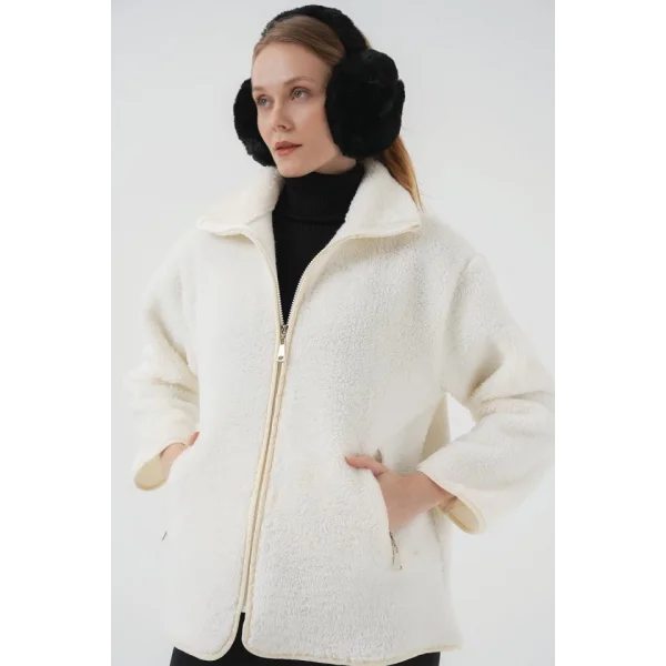5211 Fermuarlı Peluş Mont  Ekru