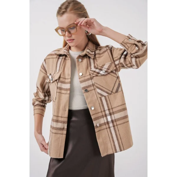 54 Ekose Desen Çift Cepli Gömlek  Bisküvi