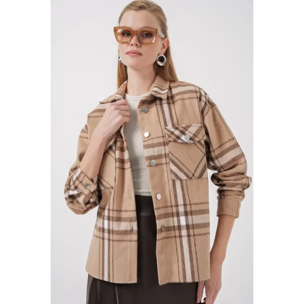 54 Ekose Desen Çift Cepli Gömlek  Bisküvi