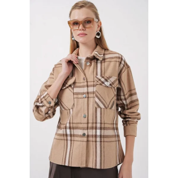 54 Ekose Desen Çift Cepli Gömlek  Bisküvi