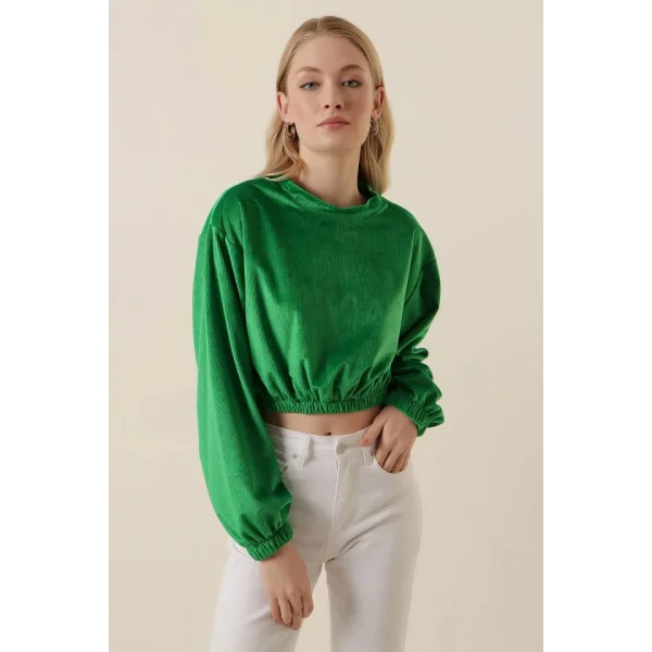 55392 Kadife Crop Bluz  Yeşil