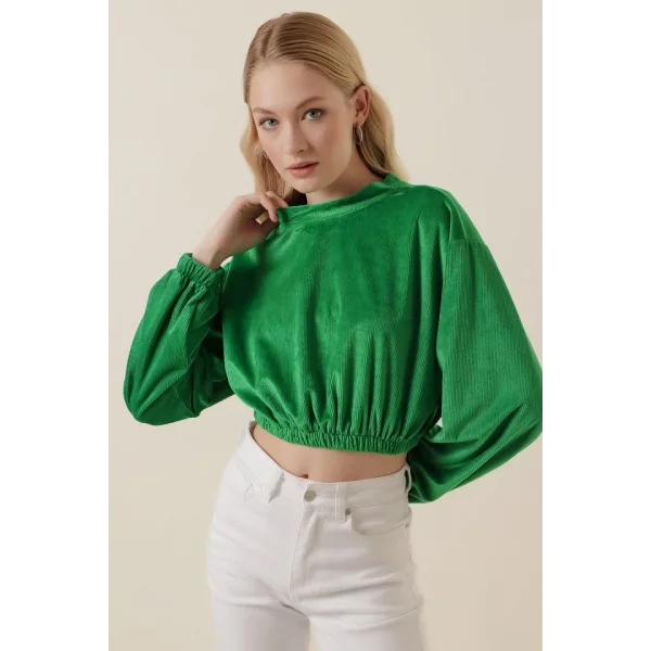 55392 Kadife Crop Bluz  Yeşil