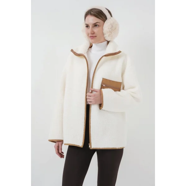 55446 Fermuarlı Oversize Peluş Ceket Mont  Camel