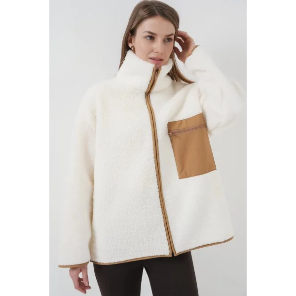 55446 Fermuarlı Oversize Peluş Ceket Mont  Camel