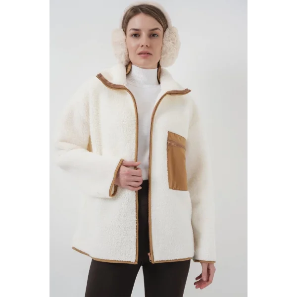 55446 Fermuarlı Oversize Peluş Ceket Mont  Camel