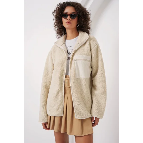 55446 Fermuarlı Oversize Peluş Ceket Mont  Krem