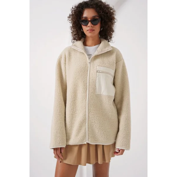 55446 Fermuarlı Oversize Peluş Ceket Mont  Krem