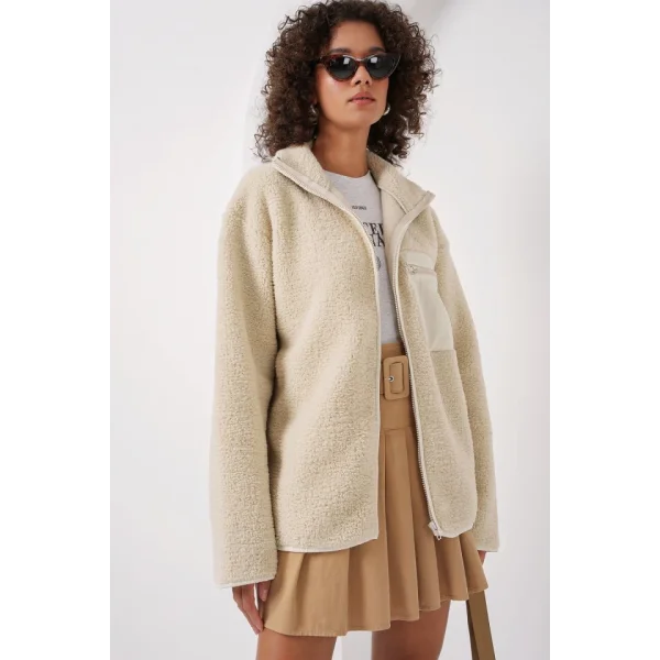 55446 Fermuarlı Oversize Peluş Ceket Mont  Krem