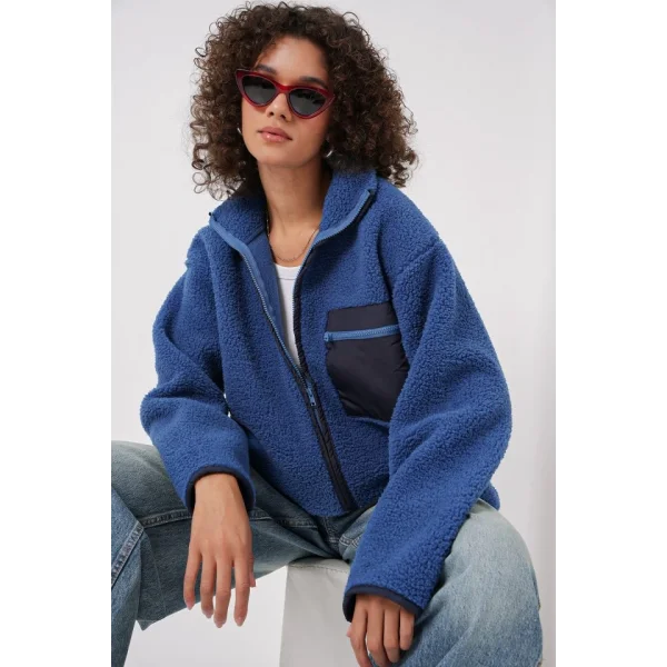 55446 Fermuarlı Oversize Peluş Ceket  Saks