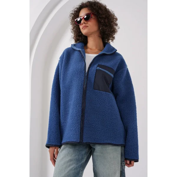 55446 Fermuarlı Oversize Peluş Ceket  Saks