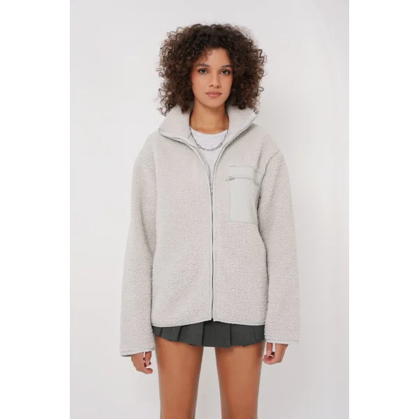 55446 Fermuarlı Oversize Peluş Ceket  Taş