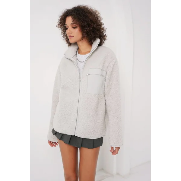 55446 Fermuarlı Oversize Peluş Ceket  Taş