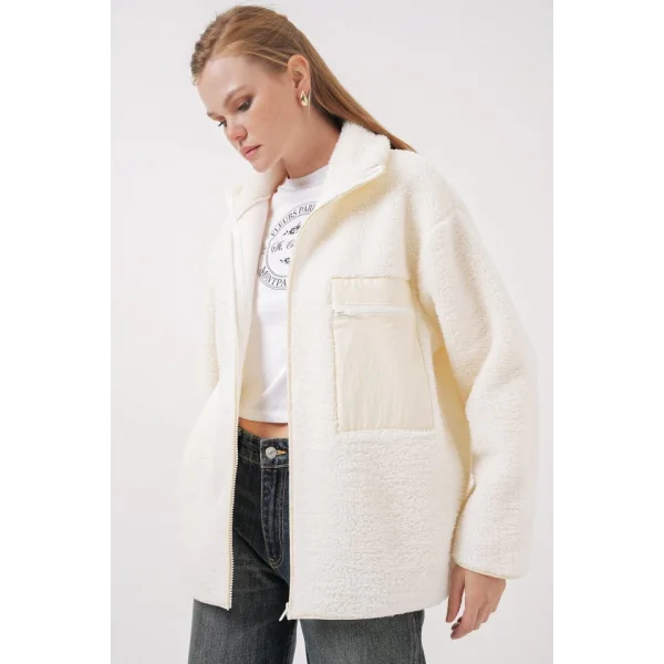 55446 Fermuarlı Oversize Peluş Mont  Bej