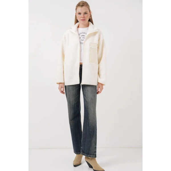 55446 Fermuarlı Oversize Peluş Mont  Bej