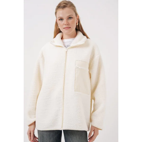 55446 Fermuarlı Oversize Peluş Mont  Bej