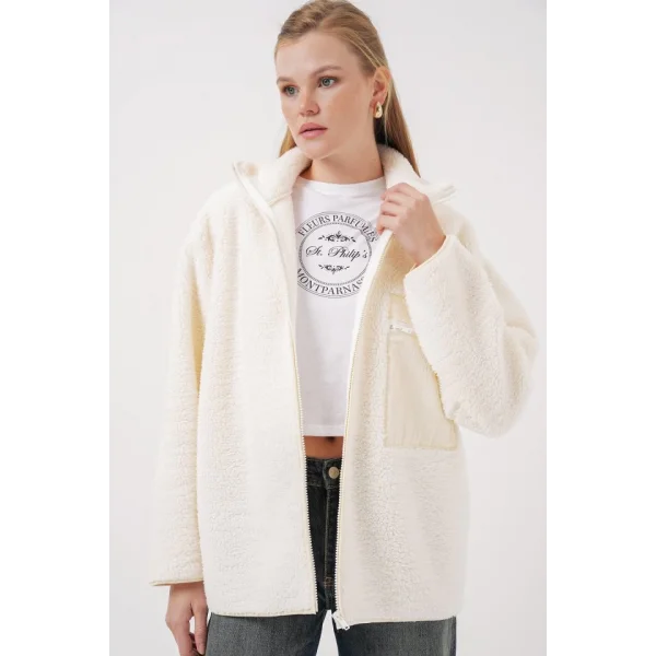 55446 Fermuarlı Oversize Peluş Mont  Bej