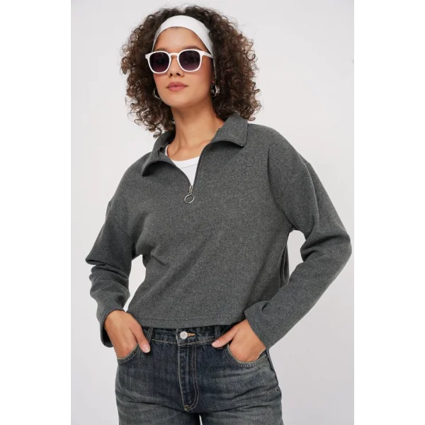55449 Fermuarlı Yaka Örme Sweatshirt - Antrasit