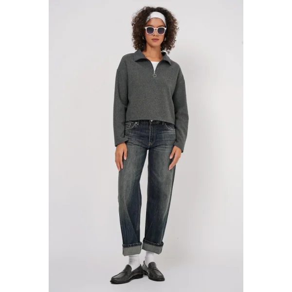 55449 Fermuarlı Yaka Örme Sweatshirt - Antrasit