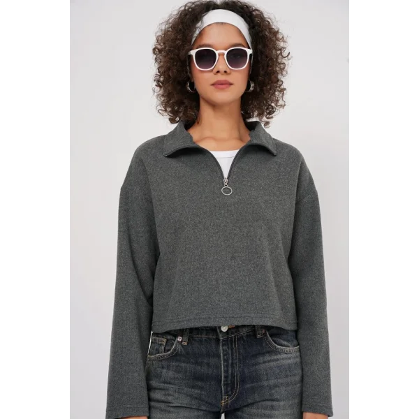 55449 Fermuarlı Yaka Örme Sweatshirt - Antrasit
