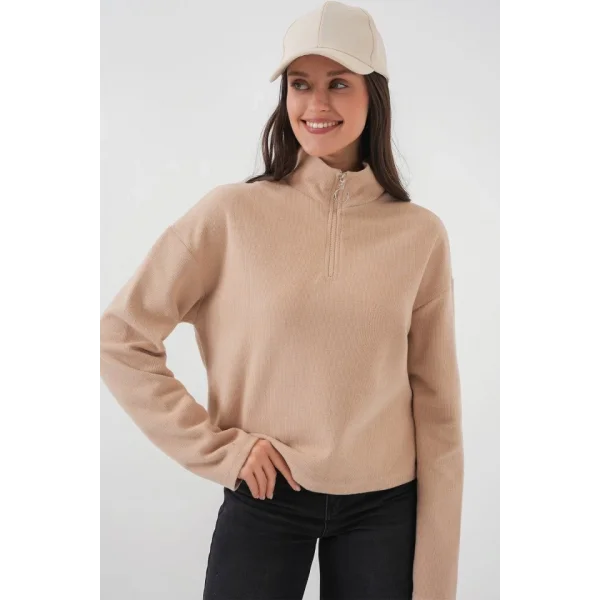 55449 Fermuarlı Yaka Örme Sweatshirt - Camel