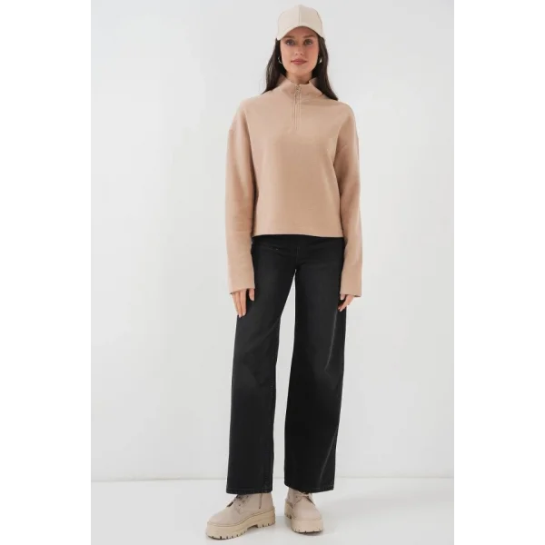 55449 Fermuarlı Yaka Örme Sweatshirt - Camel