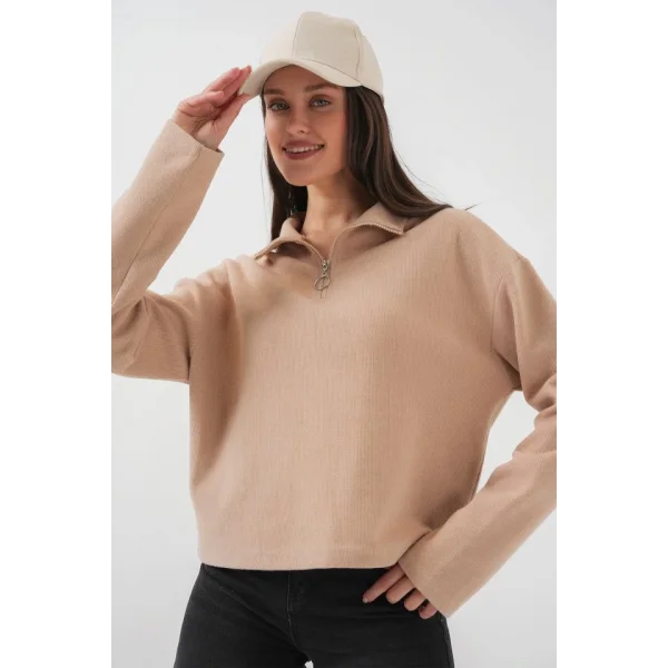 55449 Fermuarlı Yaka Örme Sweatshirt - Camel