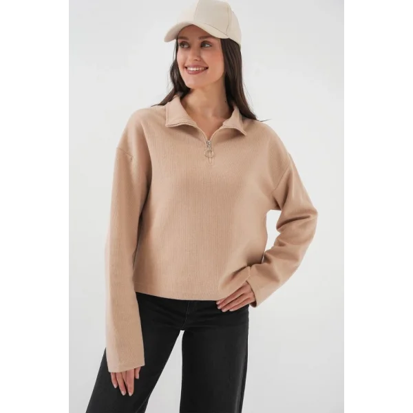 55449 Fermuarlı Yaka Örme Sweatshirt - Camel