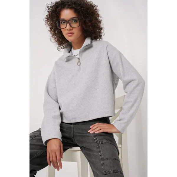 55449 Fermuarlı Yaka Örme Sweatshirt - Gri