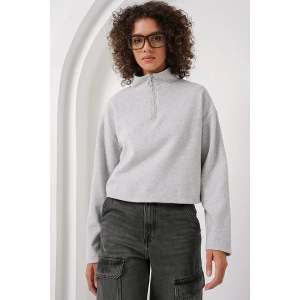 55449 Fermuarlı Yaka Örme Sweatshirt - Gri