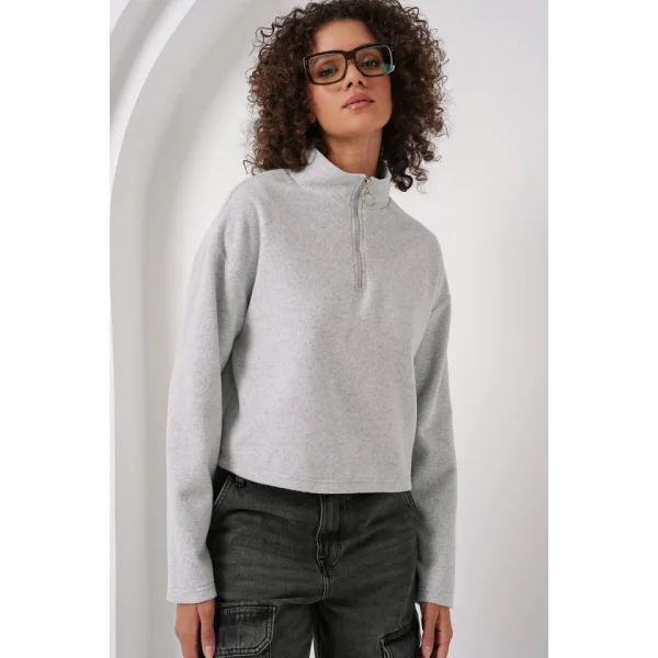 55449 Fermuarlı Yaka Örme Sweatshirt - Gri